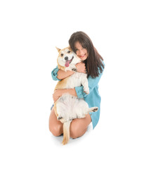 Woman with cute corgi dog on white background