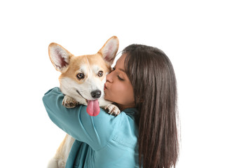 Woman with cute corgi dog on white background