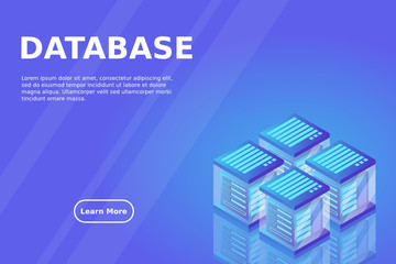 Datacenter isometric vector illustration. Abstract 3d hosting server or data center room background. Network or mainframe infrastructure website header layout. Computer storage or farming workstation.