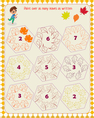 logic game for children. autumn leaves. paint over as many leaves as indicated