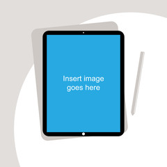 a tablet frameless with a blank screen on a flat surface. High Resolution Vector for Global Business Infographics website design or tablet app