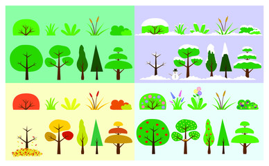 Nature trees, bushes and plants with the climate of the four seasons of the year