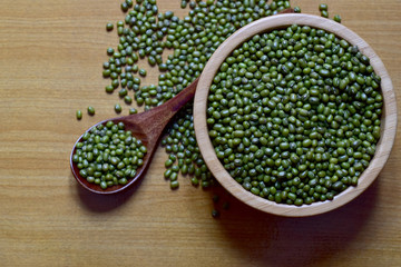 Closeup of Fresh Mung Beans in a wooden bowl and wooden spoon isolated on the white background, Full depth of field.