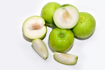 Closeup of Fresh a Pile of green jujube isolated on white background, Selective Focus.