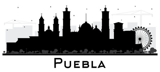 Puebla Mexico City Skyline Silhouette with Black Buildings Isolated on White.