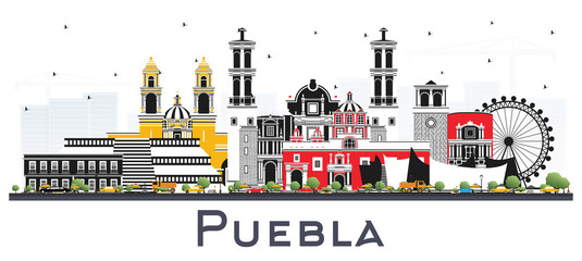 Naklejka premium Puebla Mexico City Skyline with Color Buildings Isolated on White.