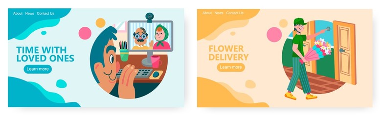 Man talks to his senior parents by video call. Courier with flowers rings doorbell. Flower delivery concept illustration. Vector web site design template