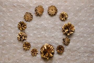  A background of gilded pine cones, top view, a round frame in the center, on a knitted canvas in the cold normal light.
