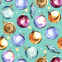 Christmas seamless pattern with watercolor design, new year holiday repeat texture, background hand drawing. Perfectly for wrapping paper, wallpaper, fabric.