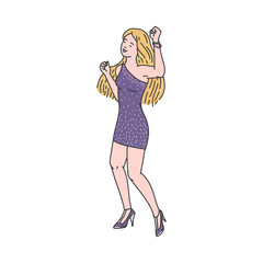 Dancing woman in mini dress in sketch style cartoon vector illustration isolated.