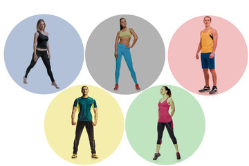 the concept of actions that can be performed together, physical distance during fitness classes. collage