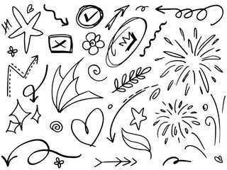 Fototapeta na wymiar Abstract arrows, ribbons, hearts, stars, crowns and other elements in a hand drawn style for concept designs. Scribble illustration. Vector illustration.