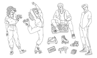 Set of fashion people and items of 80s-90s sketch vector illustration isolated.