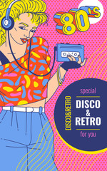 Retro disco party poster with woman listening music, sketch vector illustration.