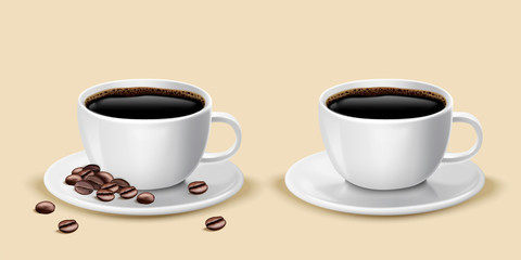 Two cups of black coffee with beans