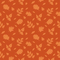 Seamless pattern with autumn theme on a brown background with silhouettes of leaves of different trees. Vector image for textiles, Wallpaper, or packaging.