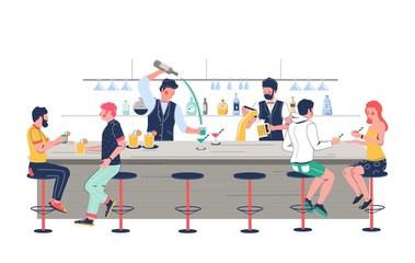 Pub bartender pouring beer, barman making alcohol cocktail for people sitting at bar counter and talking to each other, vector flat illustration. Bar staff serving alcoholic drinks in pub, club, hotel