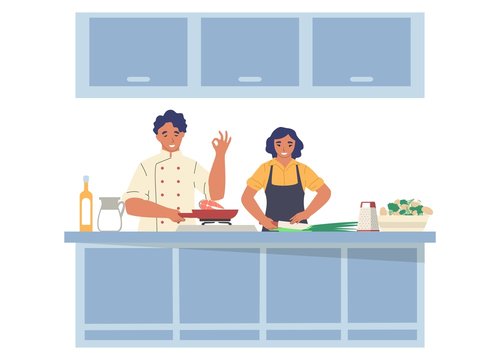 Man and woman preparing dish in kitchen, flat vector illustration. Food cooking show on television, culinary TV program, cooking master class concept.