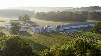 Establishing shot, aerial of family farm in United States, grain bins, chicken house, barn and fields in summer hazy foggy morning light - Powered by Adobe