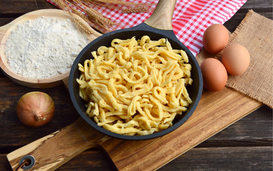Spätzle  are a kind of soft egg noodle  also Spätzli or Chnöpfli in Switzerland or Knöpfle or Hungarian Nokedli, Csipetke or Galuska
