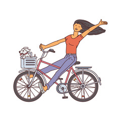 Fototapeta na wymiar Cartoon girl riding a bicycle with little dog in front basket