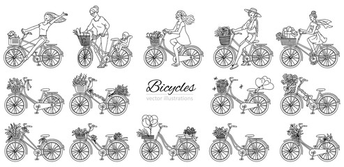 Set sketch line images of girls and bicycles, vector illustration isolated.