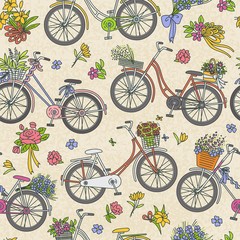 Fototapeta na wymiar Floral bicycle seamless pattern - cartoon bikes with flower baskets