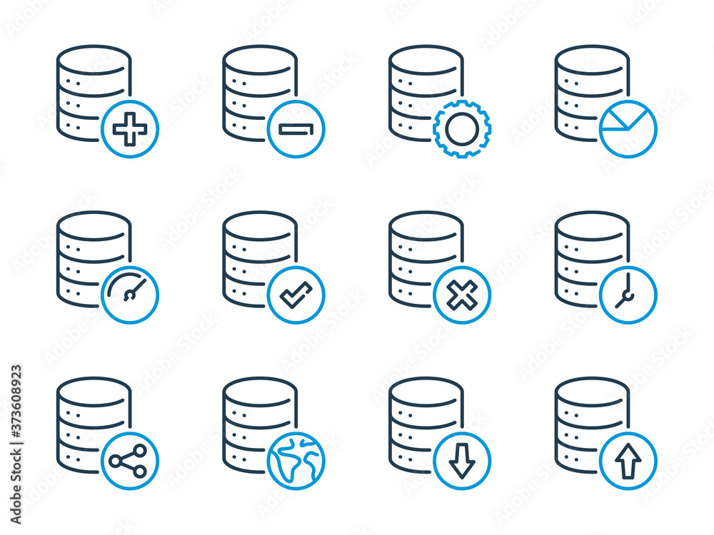 Poster database related vector line icons. server and data transfer outline icon set.