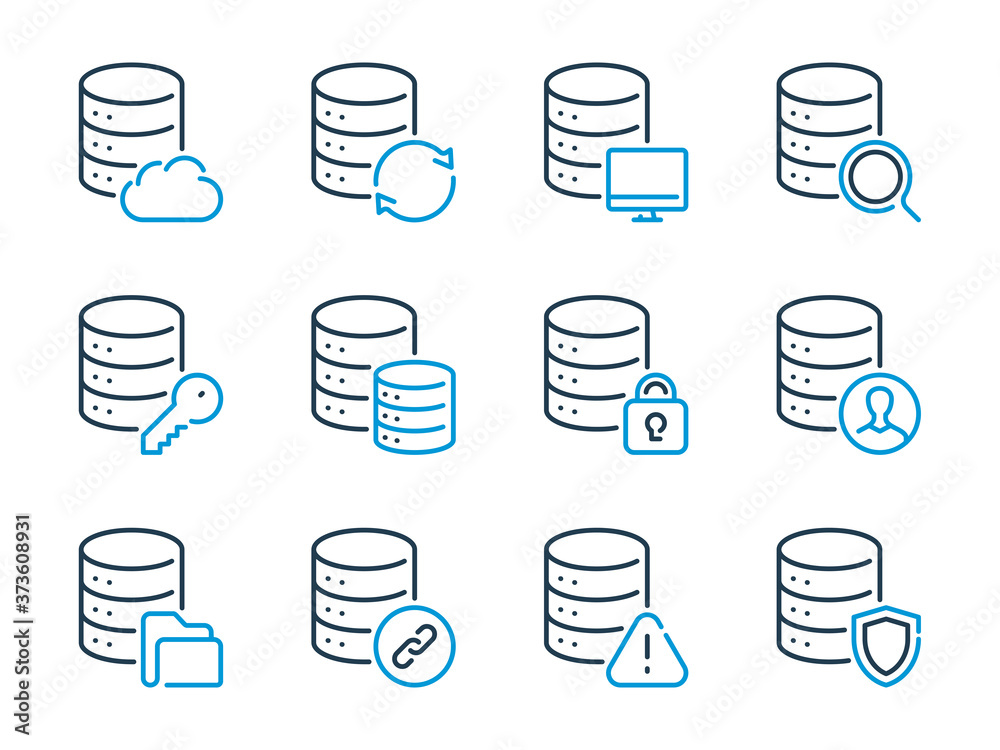 Poster database related vector line icons. server and hosting storage outline icon set.