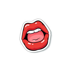 Fashion patch a red lips of open mouth, cartoon vector illustration isolated.