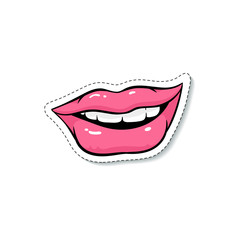 Smiling woman lips fashion patch or sticker sketch vector illustration isolated.