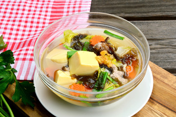 Clear soup with egg tofu homemade,mixed vegetable and saweed..Thai easy menu.