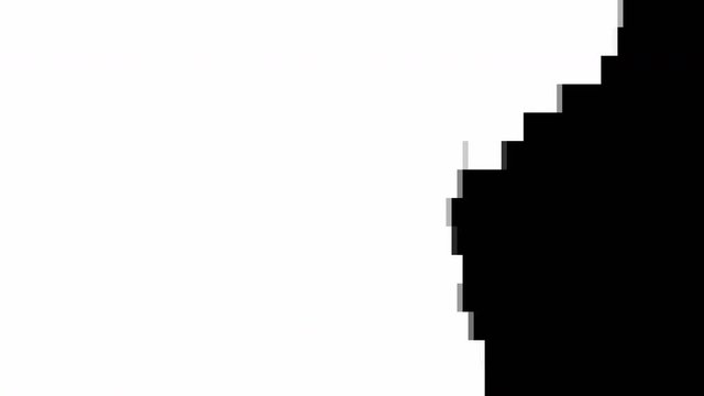 Horizontal video transition. 8 bit pixel displacement effect. Black artifacts motion on white. Retro glitched mask. Digital defect abstract background. Distorted cloud animation.