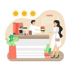 Woman, ecologist buying coffee in her own reusable cup in eco friendly coffee shop, flat vector illustration