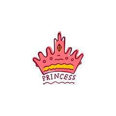 Sketch doodle pink princess crown with inscription vector illustration isolated.