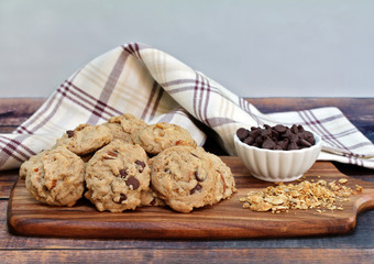 Granola chocolate chip cookies macro with copy space.