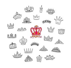 Set of doodle black line crowns and diadems sketch vector illustration isolated. © sabelskaya