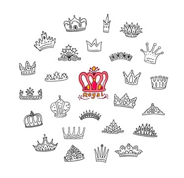 Set of doodle black line crowns and diadems sketch vector illustration isolated.