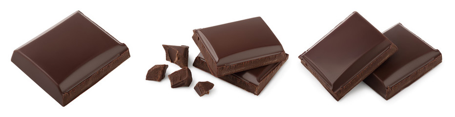 Small dark chocolate pieces isolated on white background with clipping path. Set or collection