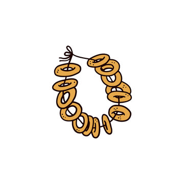String of traditional Russian bagels - doodle drawing of sushki, baranki or bubliki
