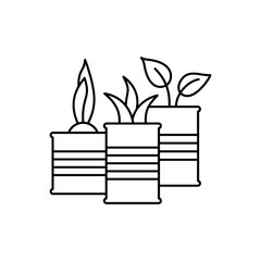 Plants in cans. Seedlings in tins. Linear icon of recycle. Black simple illustration of home garden on windowsill, growing herbs. Contour isolated vector image white background. Zero waste theme