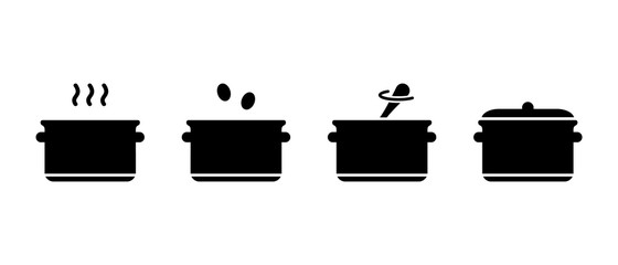 Cooking rice, millet, buckwheat, oatmeal on stove. Porridge or cereal basic silhouette instruction. Outline icon of saucepan with boiling water, lid, spoon. Flat isolated vector illustration on white