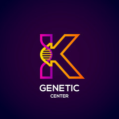 Letter K colourful with abstract Genetic logotype. Medicine, science, laboratory, Technology DNA vector concept