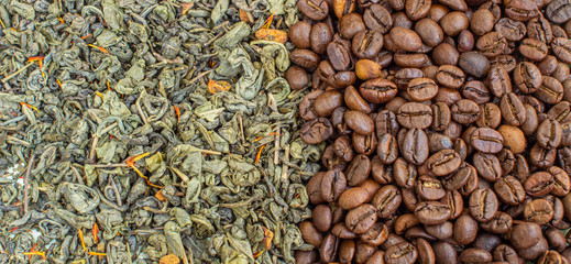 Dry green tea leaves and roasted coffee beans. Close-up view from above. The concept of coffee or green tea.