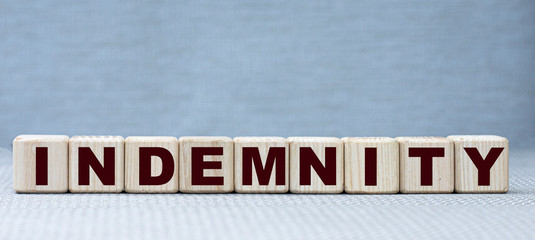 concept word INDEMNITY on wooden cubes on a beautiful gray background