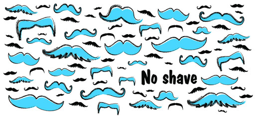 Slogan No shave or shaving moustache, mustache or beard men face. Men's Day. Awareness blue ribbon, medical symbol for psa prostate cancer month in november. Vector best quote signs
