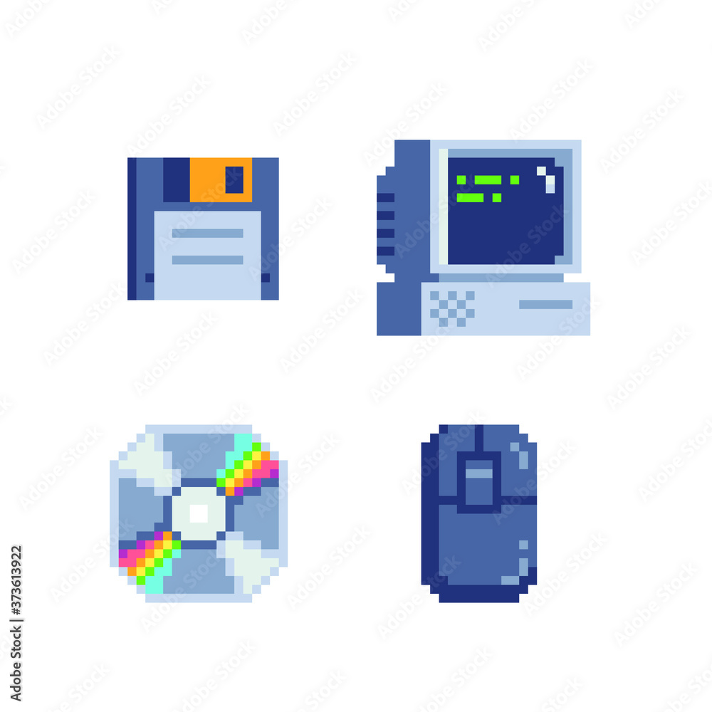 Fototapete old school computer icons set. pixel art style. stickers design. video game 8-bit sprite. retro comp