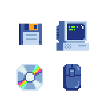 Old school computer icons set. Pixel art style. Stickers design. Video game 8-bit sprite. Retro computer floppy and cd disk isolated abstract vector illustration. Retro 80s game assets.