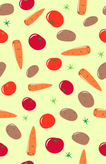 Vegetables seamless pattern. Vegetarian picture. Healthy organic pattern. Carrots, potatoes, tomatoes.