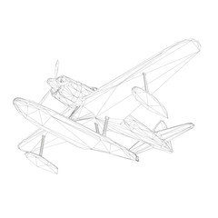 Wireframe of an old plane for landing and taking off from the water. Bottom view. 3D. Vector illustration